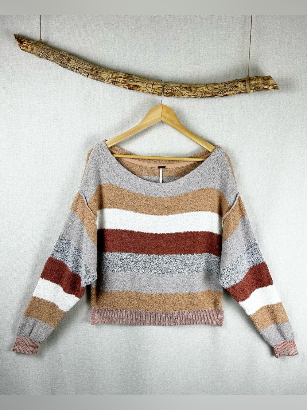Free People Beach Striped Bouclé Sweater Size Large Oversized Crop Pullover - Picture 2 of 6
